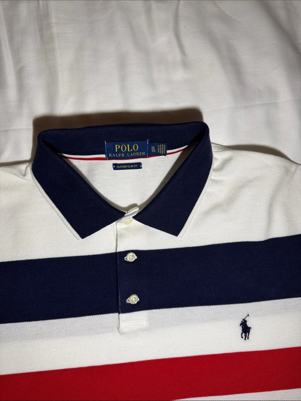 Polo by Ralph Lauren White Polo with Navy & Red Stripes - Picture 3 of 4